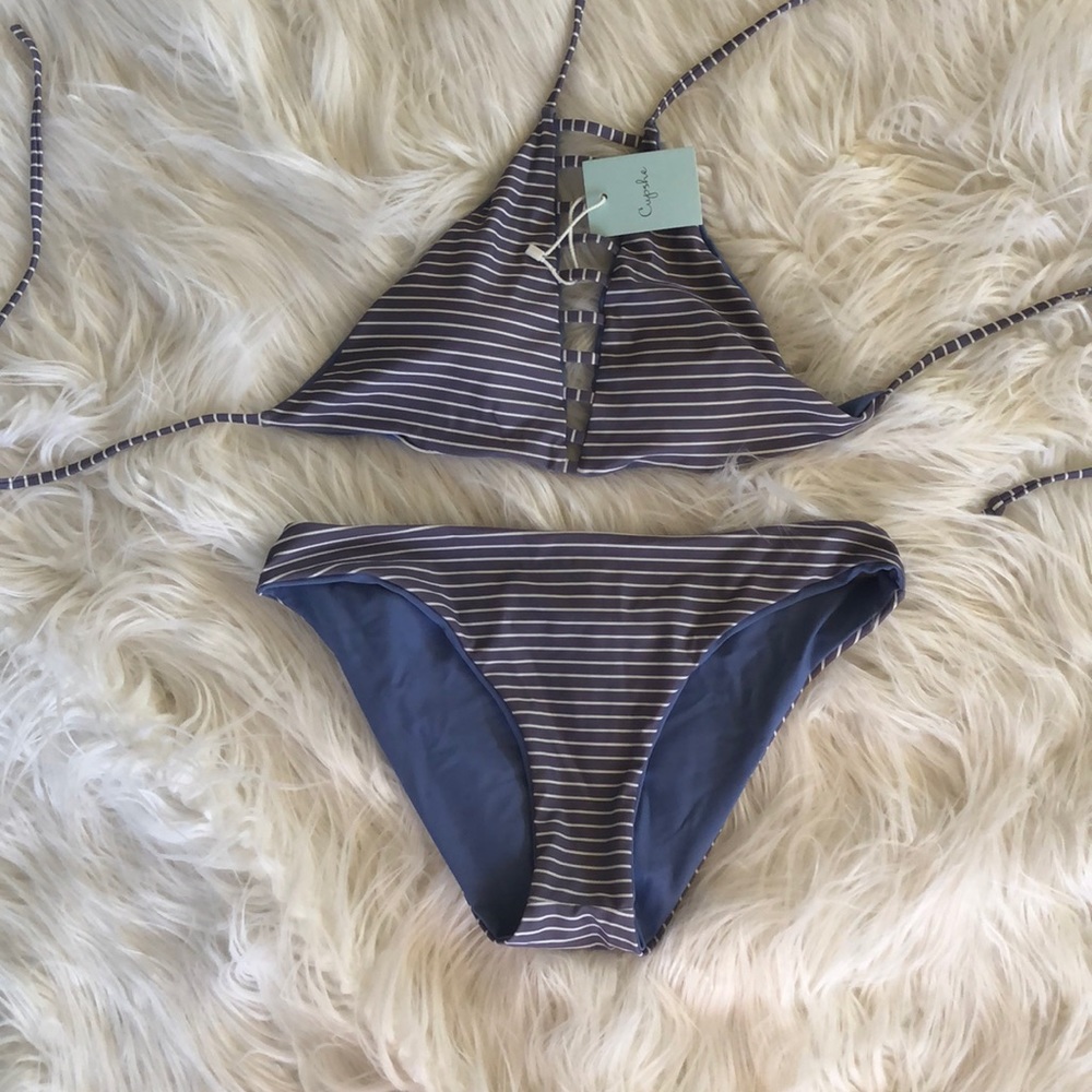 Blue and white striped two price bathing suit